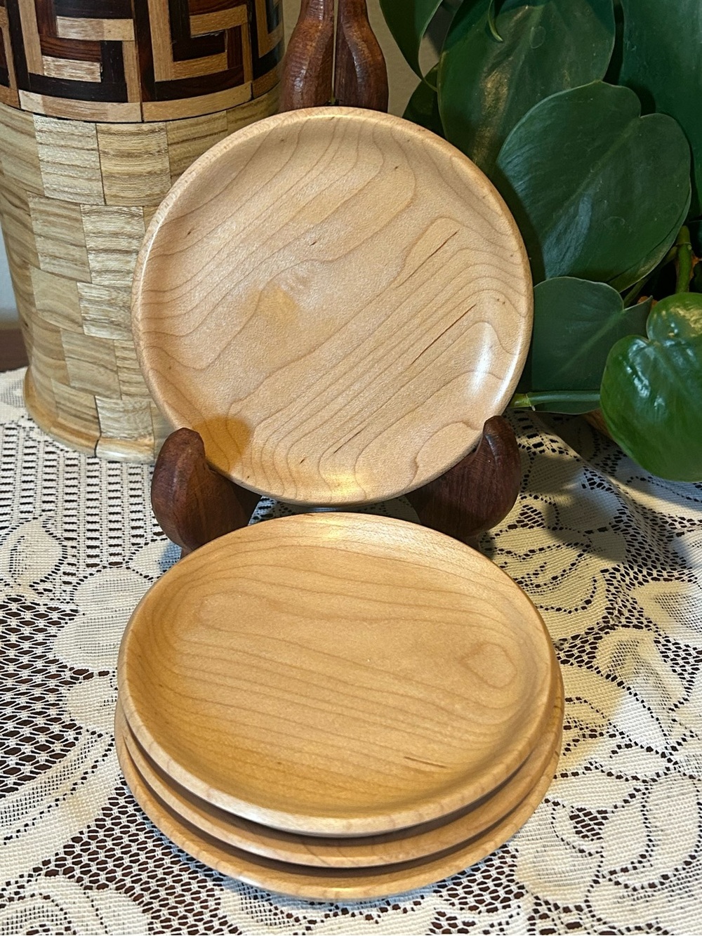 Handcrafted Wood-Turned Maple Wood Plates - Set of 4